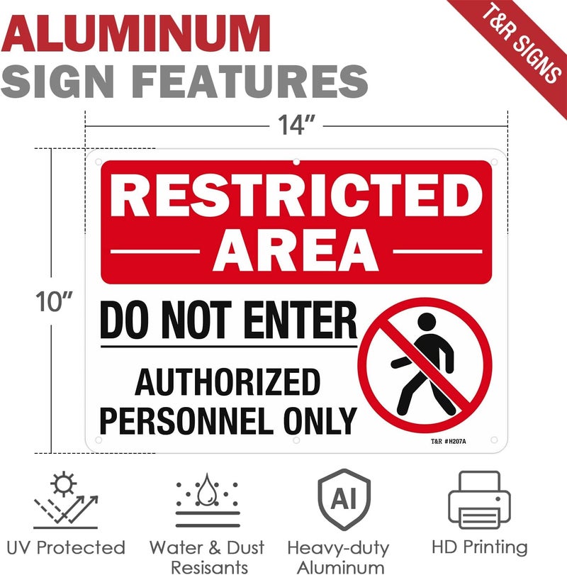 TR Large Restricted Area Do Not Enter Authorized Personnel Only Sign,1 Pack,14x10 Inches Rust Free .040 Aluminum,UV Protected, Waterproof, Weatherproof and Fade Resistant,6 Pre-drilled Holes - Image 2